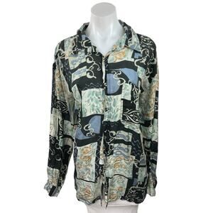 Vintage Surprise 100% Silk Multicolor Button Up Collared Long Sleeve Shirt Top L